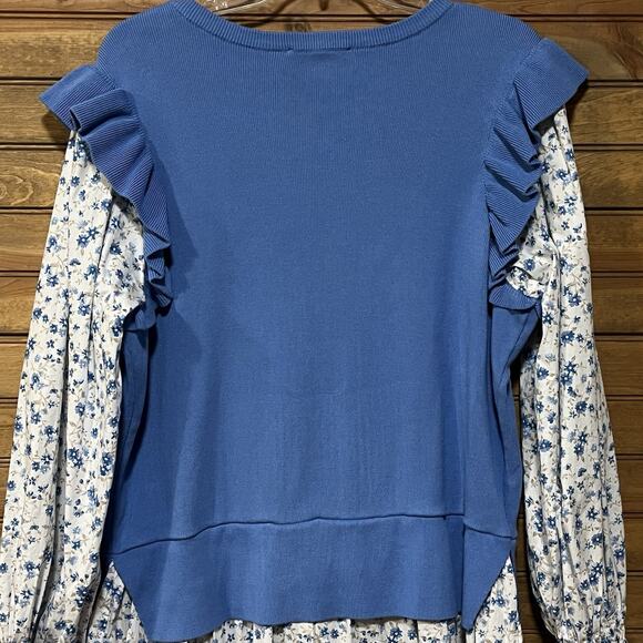 By Anthropologie Flutter Sleeve Layered Sweater Blue Floral Women’s Size 1X Boho - Picture 9 of 14